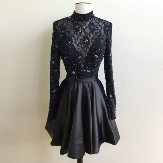Lace A Line Homecoming Dresses Satin Audrina Beading Pleated Black Long Sleeve High Neck Short