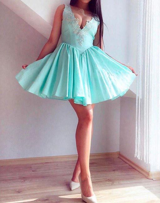 Turquoise Sleeveless Homecoming Dresses Hailey A Line Deep V Neck Sheer Pleated Taffeta Appliques