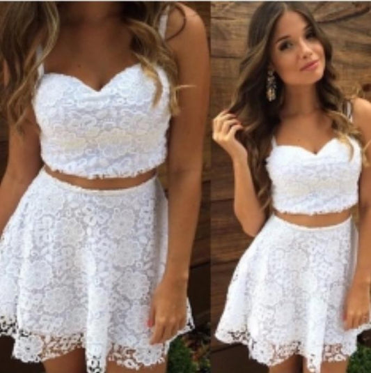 Spaghetti A Line Viviana Two Pieces Homecoming Dresses Lace Straps Sweetheart White Short