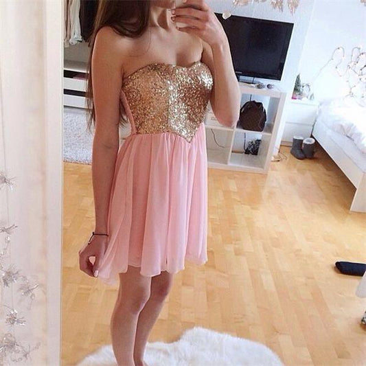 Strapless A Line Chiffon Homecoming Dresses Pink Grace Sweetheart Pleated Short Sequins