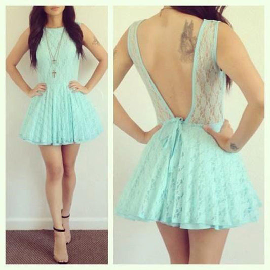 Backless Jewel Sleeveless Pleated Janessa Homecoming Dresses Lace A Line Blue Hollow Short