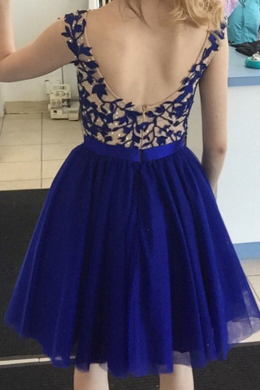 Backless Sleeveless Tulle Appliques Royal Blue A Line Sandra Homecoming Dresses Pleated