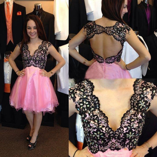 Cap Homecoming Dresses A Line Lace Pink Amiah Sleeve V Neck Backless Appliques Rhinestone Organza