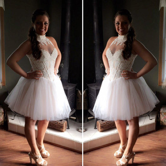 High Neck Sleeveless Sheer Ball Homecoming Dresses Ivory Luz Gown Appliques Pleated Tulle