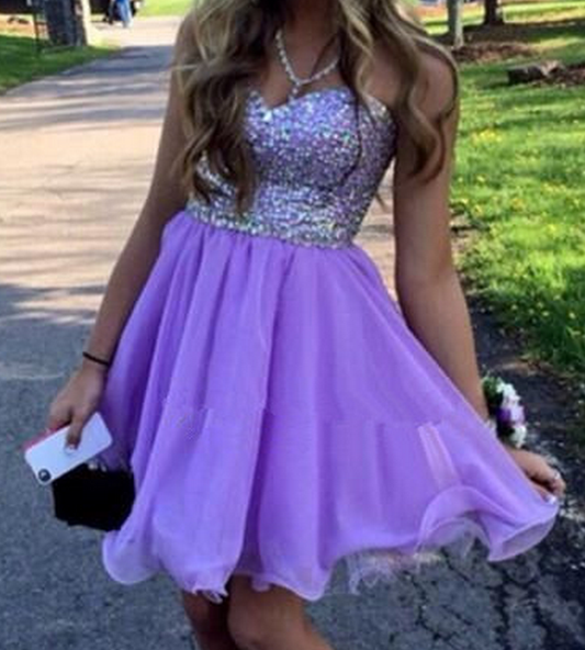 Homecoming Dresses Kali A Line Chiffon Strapless Sweetheart Beading Pleated Lilac Short