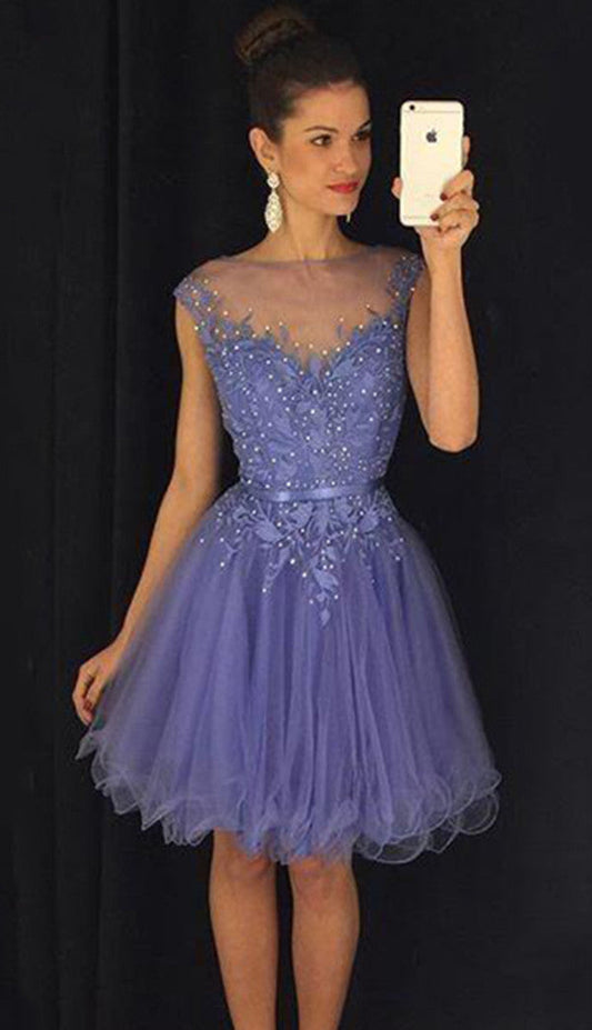 Cap Sleeve Sheer A Line Braelyn Homecoming Dresses Jewel Pleated Appliques Organza Flowers