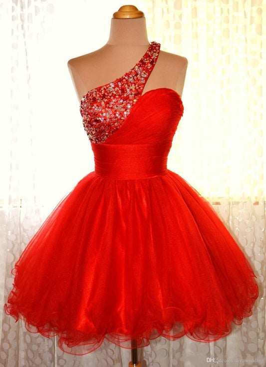 Homecoming Dresses Anabella A Line One Shoulder Red Sleeveless Organza Pleated Rhinestone