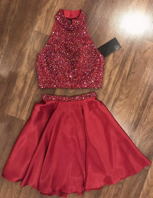Halter Sleeveless Red Beading Pleated Two Pieces A Line Xiomara Satin Homecoming Dresses Short