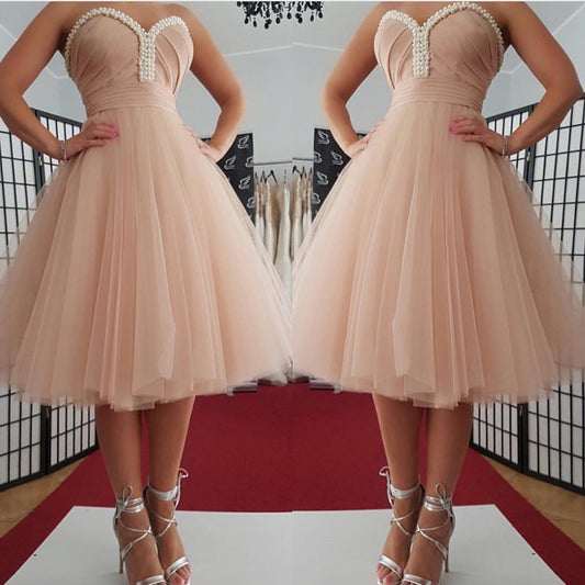 Marlee Homecoming Dresses A Line Pearls Strapless Sweetheart Backless Tulle Pleated Ruched