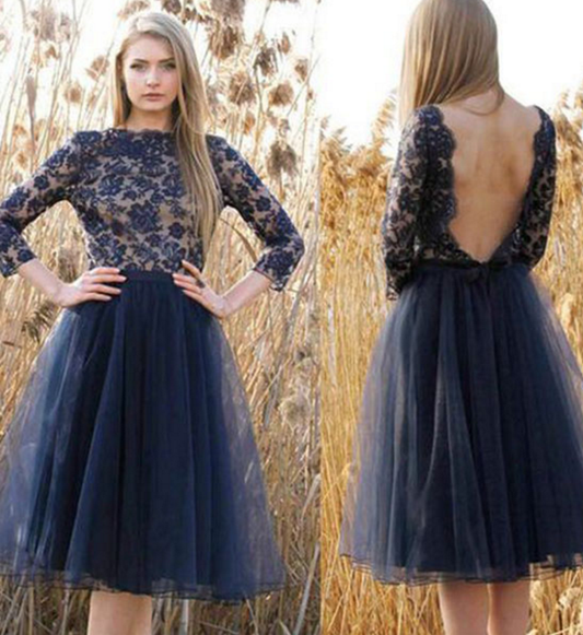Jewel Long Sleeve Dark Homecoming Dresses Lace Lilia A Line Navy Backless Flowers Tulle Pleated