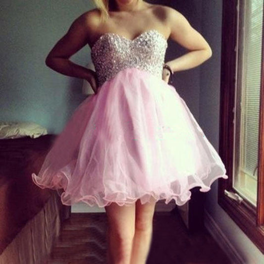 Organza Pleated Strapless Sweetheart Homecoming Dresses Pink Aurora A Line Beading Short