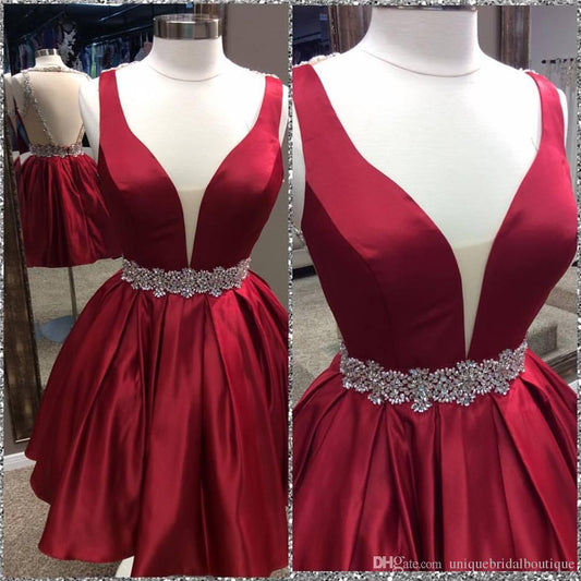 Deep V Neck Sleeveless Burgundy Ball Gown Pleated Homecoming Dresses Karly Satin Backless