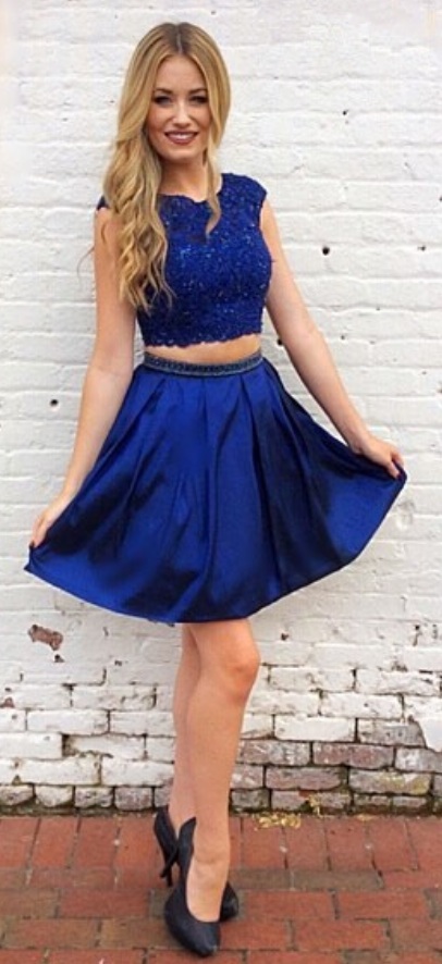Cap Sleeve Pleated Appliques A Line Satin Royal Blue Makenna Two Pieces Homecoming Dresses Short