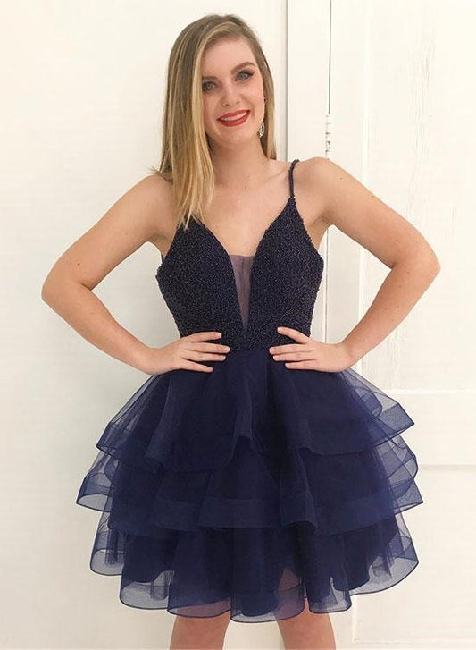 Spaghetti Straps Deep V Neck Ball Gown Cailyn Homecoming Dresses Tiered Dark Navy Organza