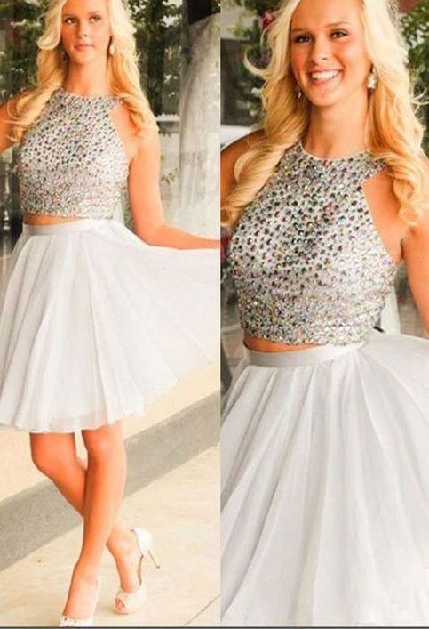 Halter Sleeveless White Chiffon Two Pieces Kenzie Homecoming Dresses A Line Beading
