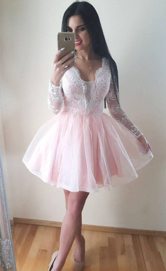 Long Sleeve Sheer Tulle Pleated Short Homecoming Dresses Gisselle Lace Pink Deep V Neck Exquisite