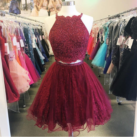 Homecoming Dresses Lace Two Pieces Bridget A Line Burgundy Halter Sleeveless Appliques Organza