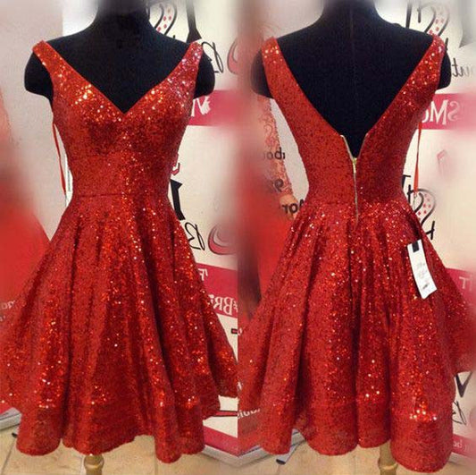 V Homecoming Dresses A Line Joslyn Neck Sleeveless Backless Pleated Sequins Red Sparkle