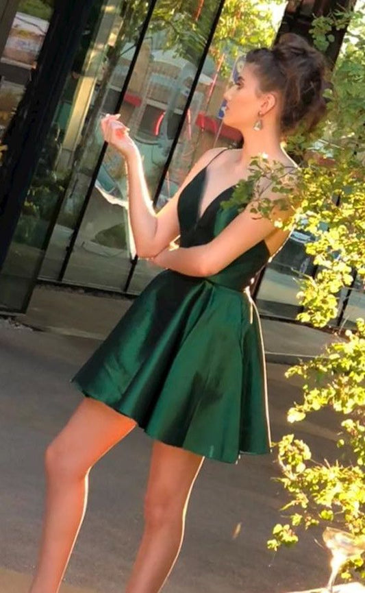 Deep V Neck Spaghetti Straps Short Theresa Satin Homecoming Dresses Dark Green Pleated
