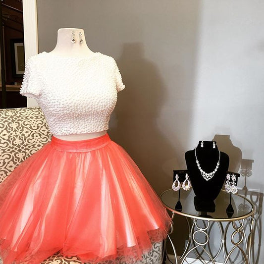 Beading Homecoming Dresses Two Pieces Anne Short Sleeve Tulle Backless Jewel Short