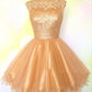Cap Sleeve Jewel Appliques Sequins Sheer Gold A Line Madelyn Homecoming Dresses Organza Backless