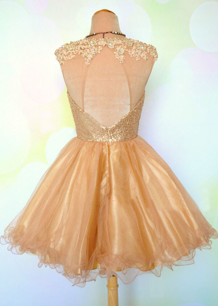 Cap Sleeve Jewel Appliques Sequins Sheer Gold A Line Madelyn Homecoming Dresses Organza Backless