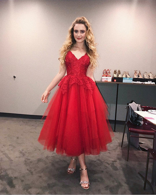 Ball Gown Lace Homecoming Dresses Hilary V Neck Spaghetti Straps Tulle Pleated Red Appliques