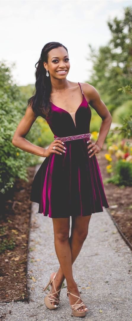 Deep A Line Janae Homecoming Dresses V Neck Spaghetti Straps Pleated Short Backless Cut Out