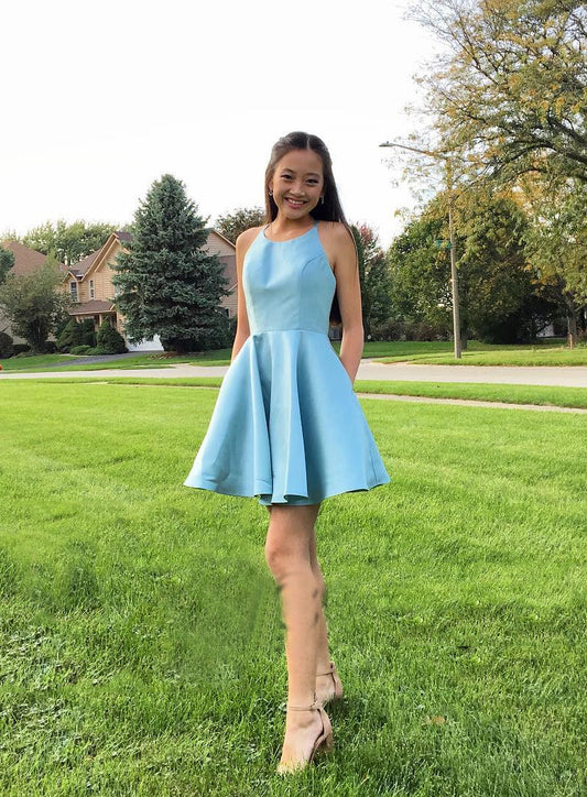 Halter Sleeveless Blue Simple Keira Satin A Line Homecoming Dresses Pleated Short