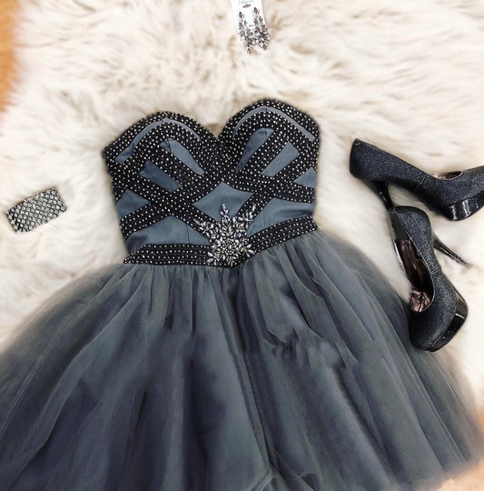 Dark Grey Strapless Elliana A Line Homecoming Dresses Sweetheart Beading Tulle Pleated Short