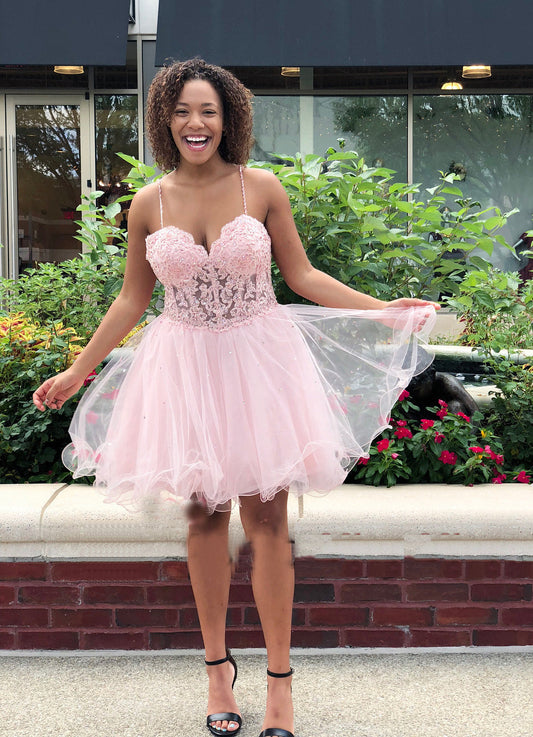 Spaghetti Straps Sweetheart Lace A Line Pink Homecoming Dresses Madilynn Organza Pleated Sexy
