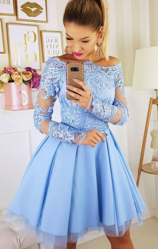 Long Sleeve Off The Shoulder Appliques Rosalie Homecoming Dresses A Line Lace Pleated Tulle Short