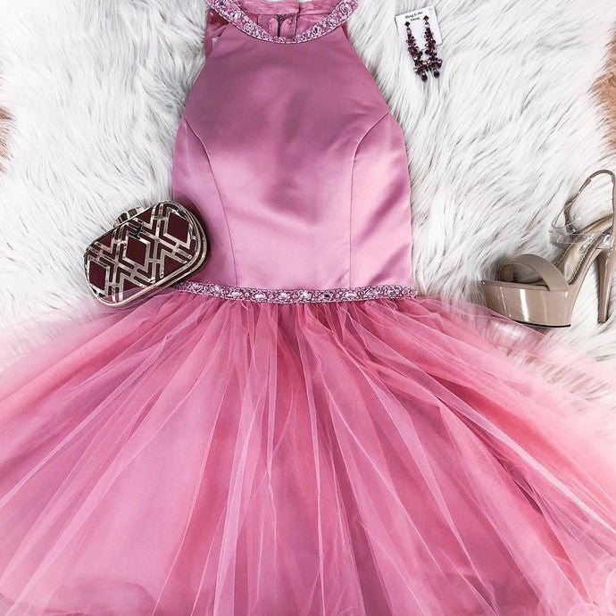 Halter Tulle Sleeveless Short Pleated Simple Homecoming Dresses Jo Pink A Line Beading