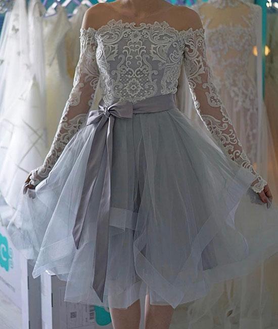 Taniyah A Line Lace Homecoming Dresses Off The Shoulder Long Sleeve Organza Lavender Bowknot