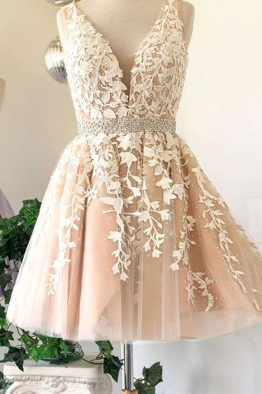 Deep V Neck Sleeveless Tulle Appliques A Line Lace Clarissa Ivory Homecoming Dresses Pleated