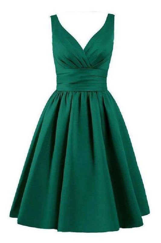 Sleeveless Pleated Hunter Ruched V Satin A Line Aria Homecoming Dresses Neck Elegant