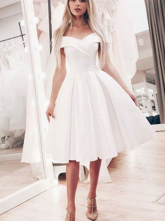 A Line Ivory Satin Harriet Homecoming Dresses Off The Shoulder Pleated Knee Length