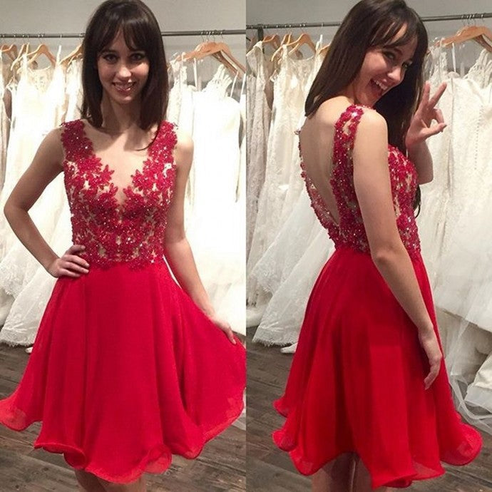 Sheer Red Appliques Homecoming Dresses Alicia A Line Organza Pleated Backless Short Sleeveless