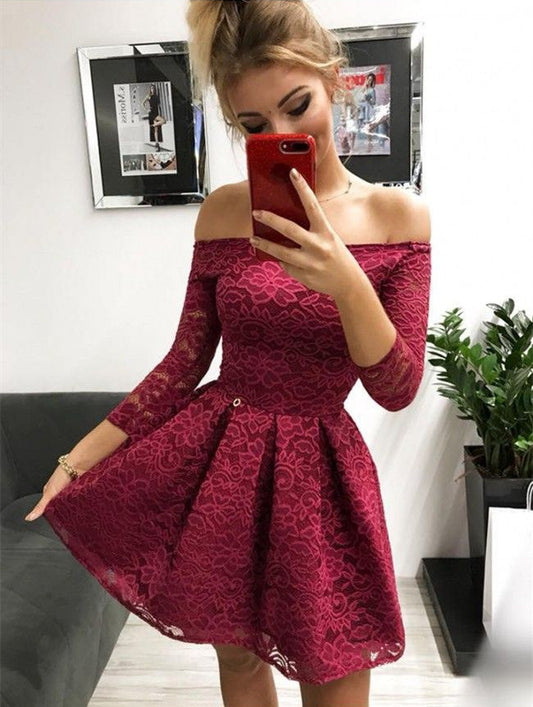 3/4 Sleeve Homecoming Dresses Abby Lace A Line Off The Shoulder Pleated Short Burgundy Flowers