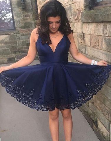 Sleeveless Deep V Neck Pleated Navy Blue Satin Homecoming Dresses Adeline A Line Lace Sexy
