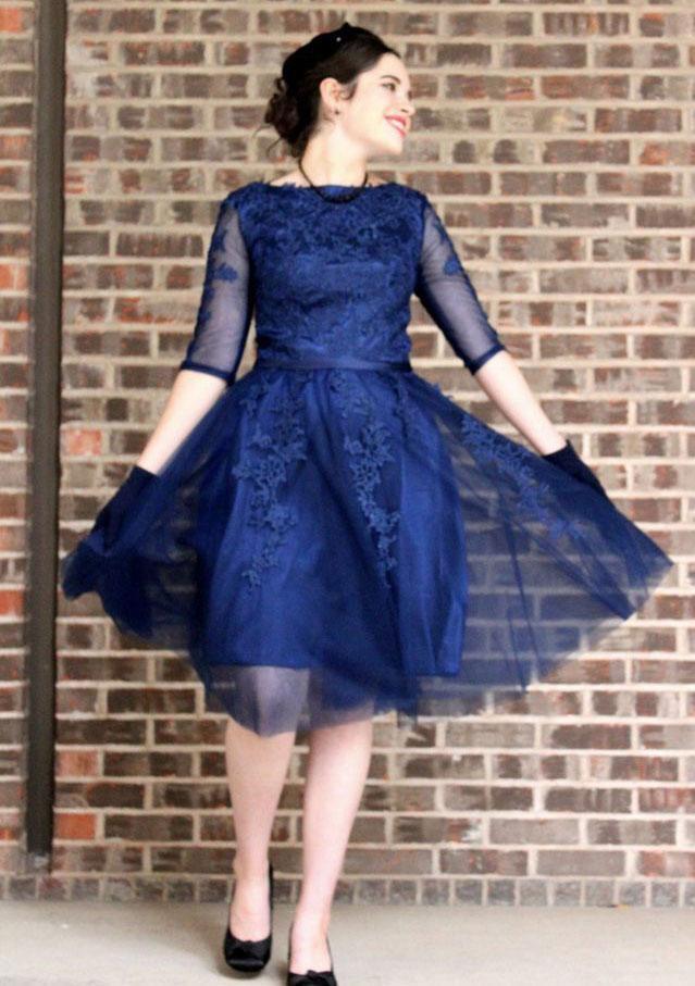 Bateau Navy Blue Half Sleeve Tulle A Line Homecoming Dresses Cynthia Appliques Pleated Elegant