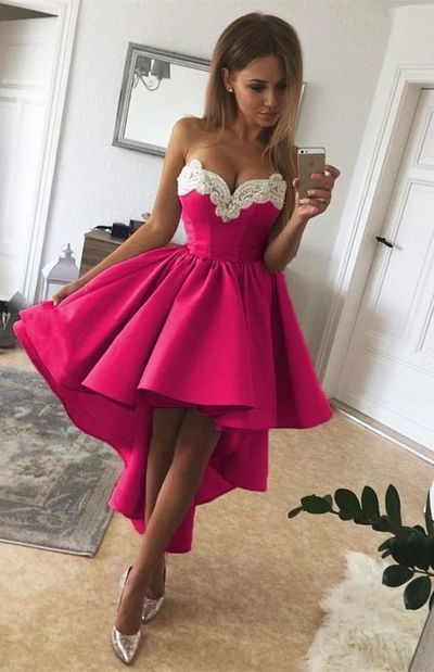 High Low Fuchsia Strapless Homecoming Dresses A Line Ursula Sweetheart Appliques Pleated