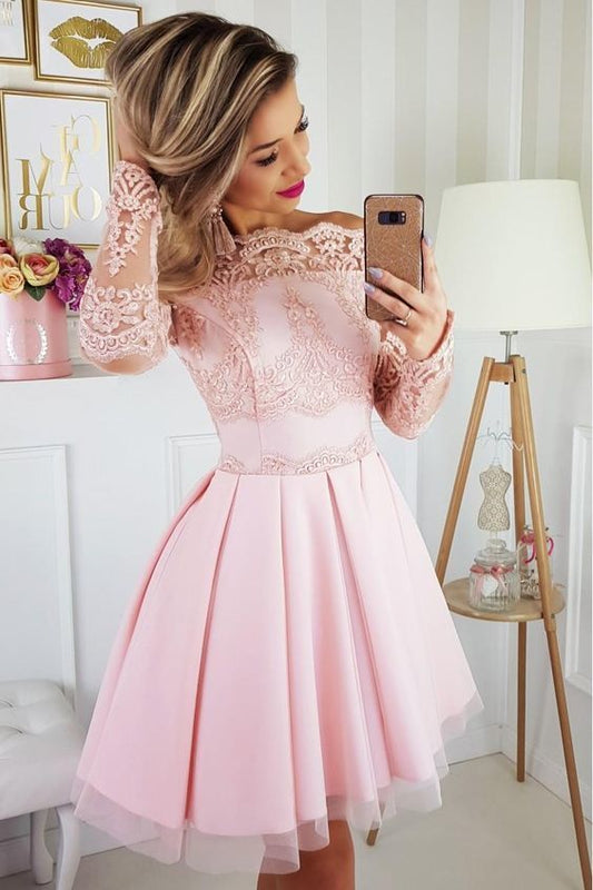 Off Zoie Homecoming Dresses Lace Pink A Line The Shoulder Appliques Long Sleeve Tulle Short