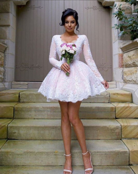 Long Sleeve Brittany Homecoming Dresses Lace Deep V Neck Ball Gown White Short Elegant