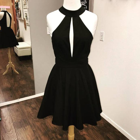Halter Black Sleeveless Cut Out Pleated Backless Carina Homecoming Dresses A Line Satin Short
