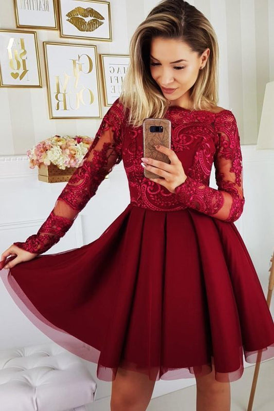 Burgundy Lace Homecoming Dresses Madyson A Line Long Sleeve Bateau Appliques Tulle Pleated