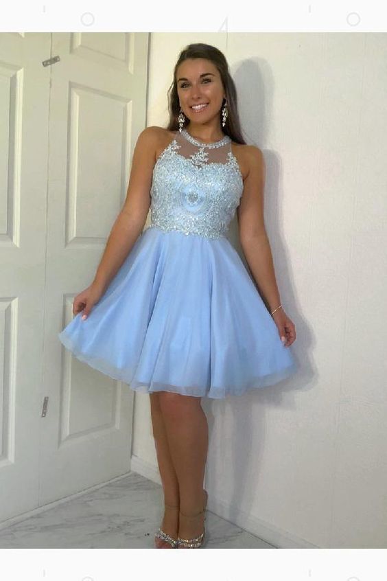 Halter Pleated Homecoming Dresses A Line Salome Tulle Appliques Knee Length Sleeveless