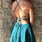 Halter Criss Chiffon Homecoming Dresses Millicent A Line Cross Teal Backless Appliques Short Pleated