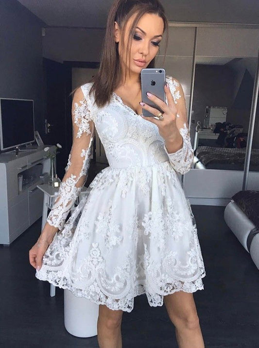 Long Sleeve White Deep V Neck Pleated Lace A Line Avah Homecoming Dresses Sheer Short