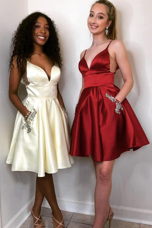 Spaghetti Straps Deep V Neck Sheer Short Satin Germaine Homecoming Dresses A Line Pleated